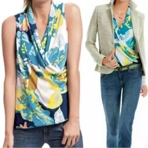 Cabi Wrap‎ Top Blue Yellow Teal White Floral V Neck Draped  sleeveless size XS